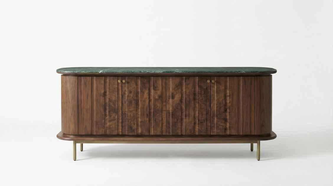 Curved Walnut Sideboard with Marble Top