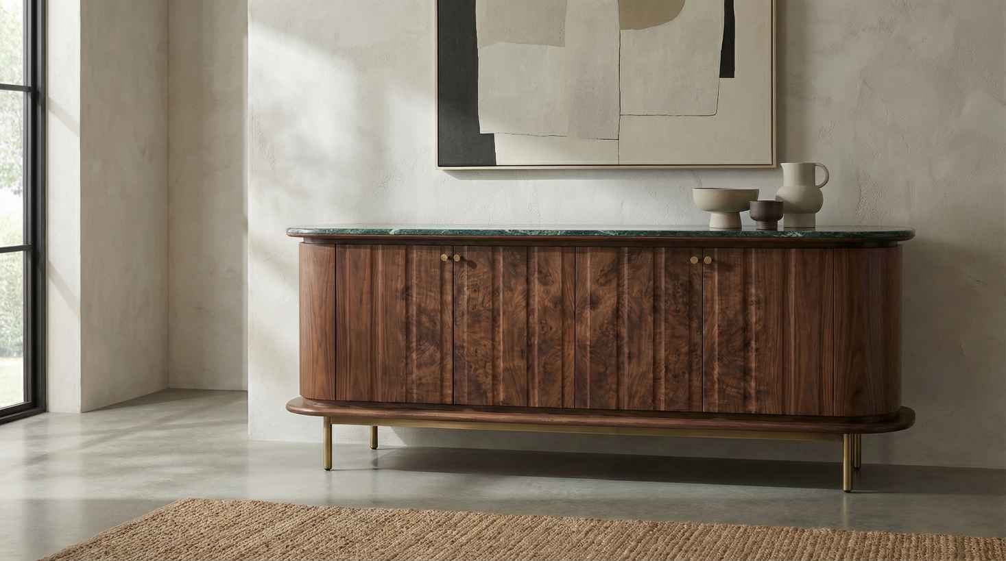 Curved Walnut Sideboard with Marble Top