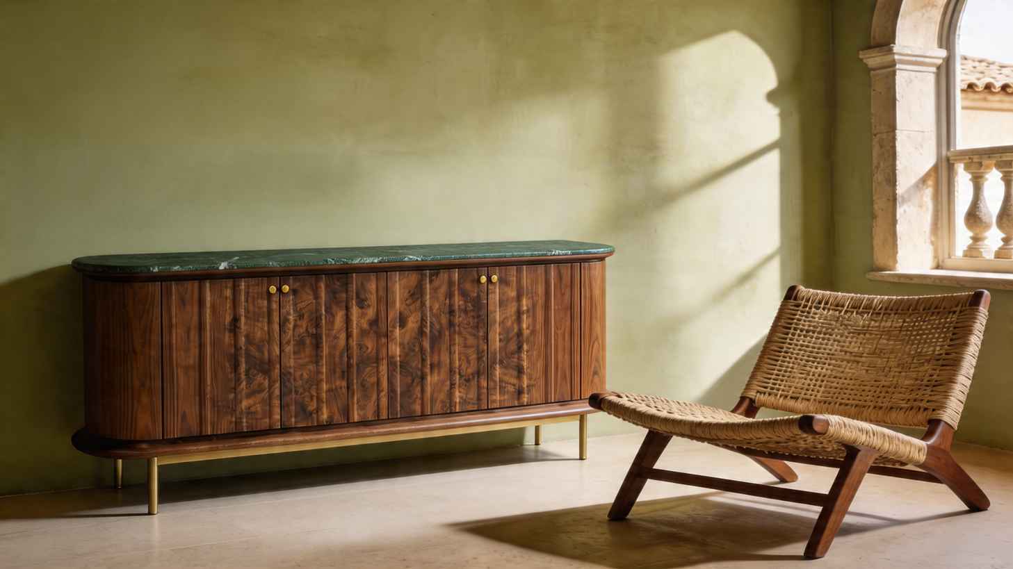 Curved Walnut Sideboard with Marble Top