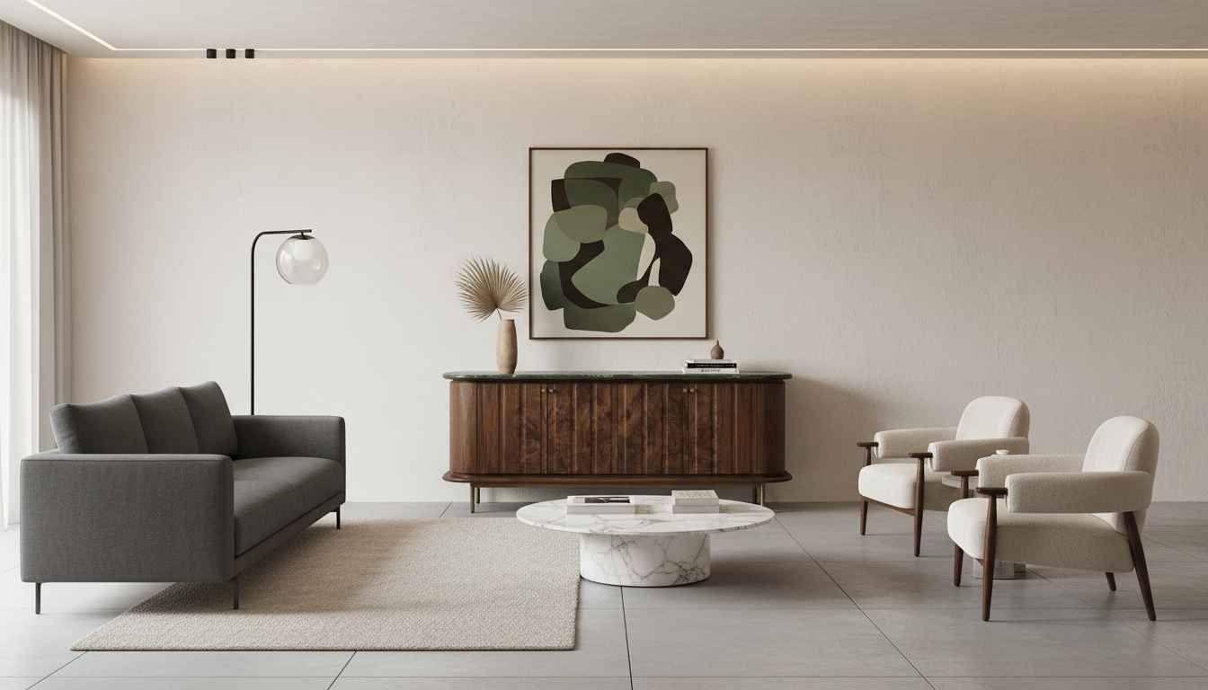 Curved Walnut Sideboard with Marble Top
